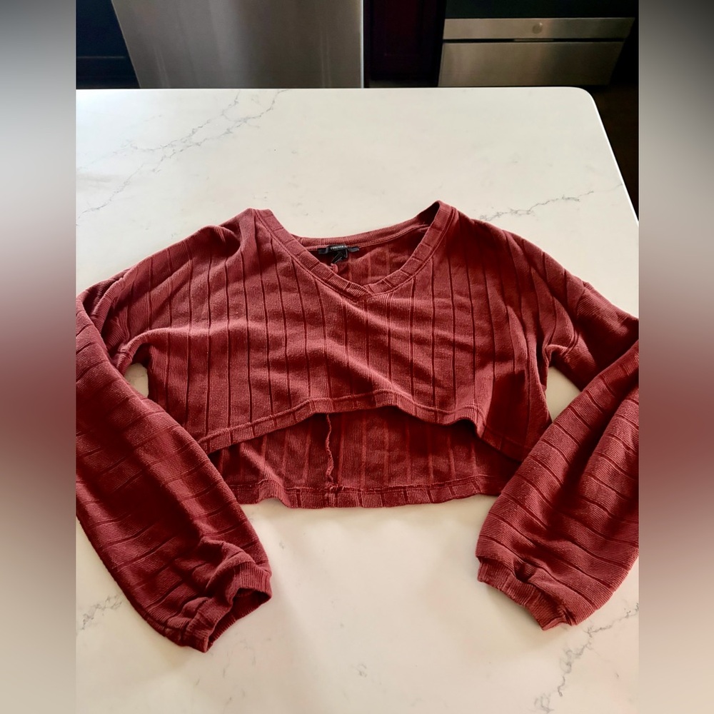 Forever 21 Burnt Orange / Brick Red Ribbed V-Neck Crop Top - Women’s Small